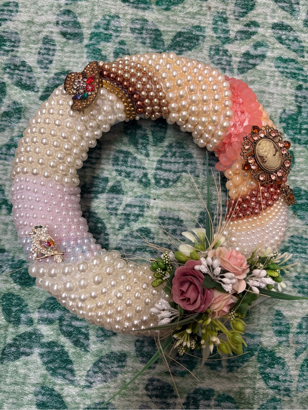 Handcrafted Pearl & Floral Wreath-Pink, Cream & Rose Accents